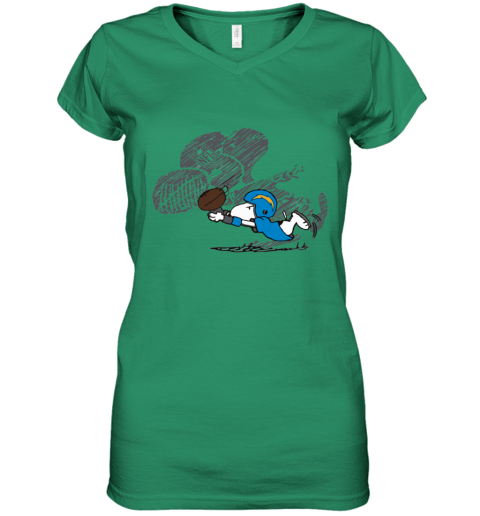 24xj los angeles chargers snoopy plays the football game women v neck t shirt 39 front irish green