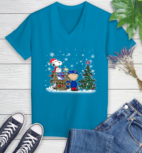 NHL New York Rangers Snoopy Charlie Brown Woodstock Christmas Stanley Cup Hockey Women's V-Neck T-Shirt 7