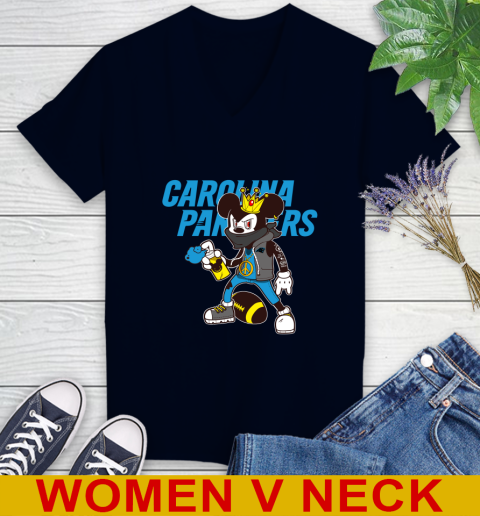 Carolina Panthers NFL Football Mickey Peace Sign Sports Women's V-Neck T-Shirt 3