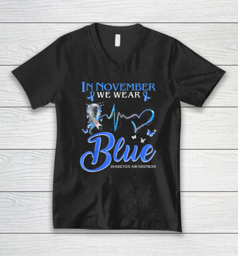 In November We Wear Blue Heartbeat Diabetes Awareness V-Neck T-Shirt