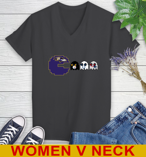 Baltimore Ravens NFL Football Pac Man Champion Women's V-Neck T-Shirt 9