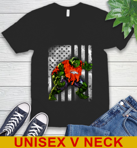 Denver Broncos Hulk Marvel Avengers NFL Football American Flag V-Neck T-Shirt