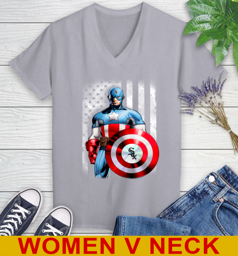 Chicago White Sox MLB Baseball Captain America Marvel Avengers American Flag Shirt Women's V-Neck T-Shirt 4