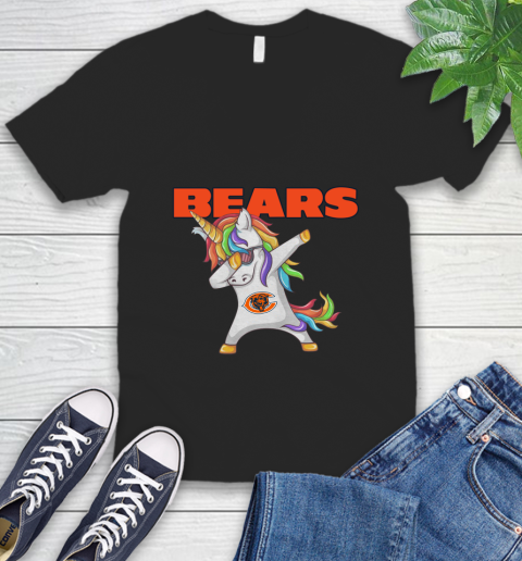 Chicago Bears NFL Football Funny Unicorn Dabbing Sports V-Neck T-Shirt 2