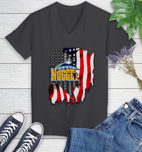 Denver Nuggets NBA Basketball American Flag Women's V-Neck T-Shirt 8
