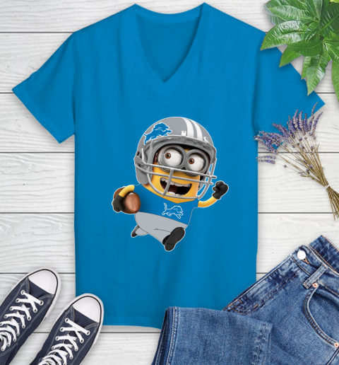 NFL Detroit Lions Minions Disney Football Sports Women's V-Neck T-Shirt 7
