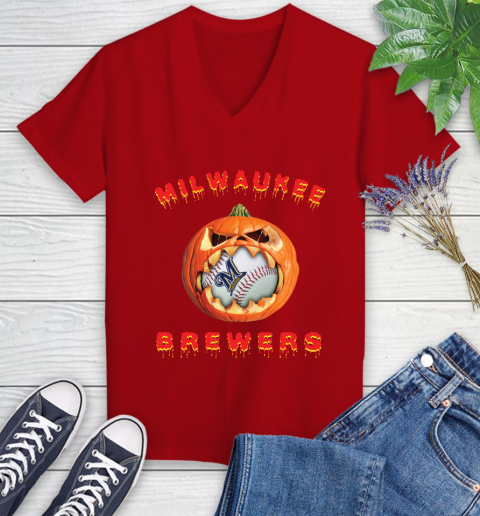 MLB Milwaukee Brewers Halloween Pumpkin Baseball Sports Women's V-Neck T-Shirt 12