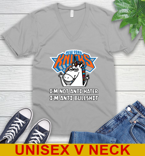 New York Knicks NBA Basketball Unicorn I'm Not Anti Hater I'm Anti Bullshit V-Neck T-Shirt 4