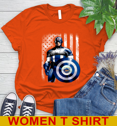 New York Mets MLB Baseball Captain America Marvel Avengers American Flag Shirt Women's T-Shirt 3