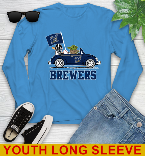 MLB Baseball Milwaukee Brewers Darth Vader Baby Yoda Driving Star Wars Shirt Youth Long Sleeve 8