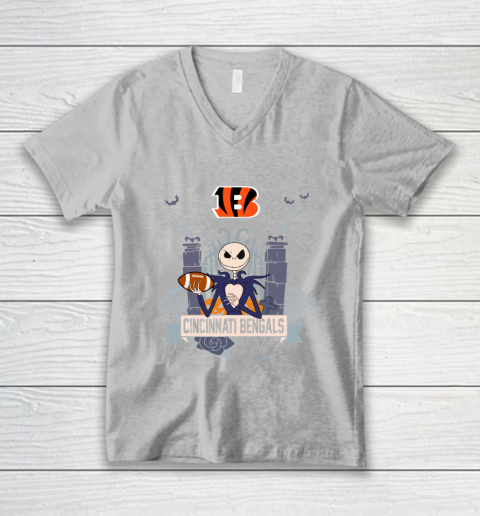 NFL Cincinnati Bengals Football Jack Skellington Halloween V-Neck T-Shirt 3
