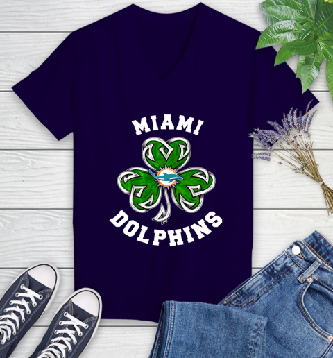 NFL Miami Dolphins Three Leaf Clover St Patrick's Day Football Sports Women's V-Neck T-Shirt 3