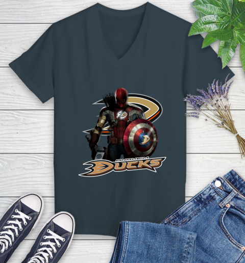 NHL Captain America Thor Spider Man Hawkeye Avengers Endgame Hockey Anaheim Ducks Women's V-Neck T-Shirt 8
