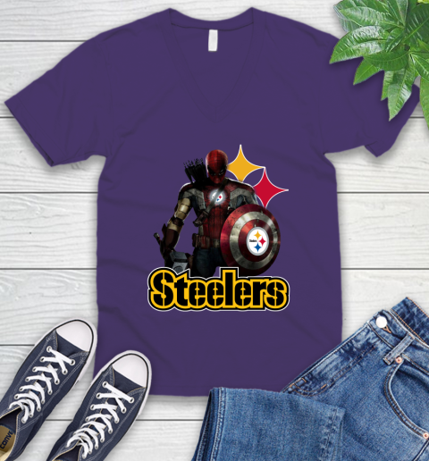 NFL Captain America Thor Spider Man Hawkeye Avengers Endgame Football Pittsburgh Steelers V-Neck T-Shirt 10