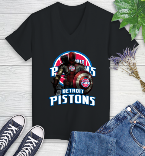 Detroit Pistons NBA Basketball Captain America Thor Spider Man Hawkeye Avengers Women's V-Neck T-Shirt 2
