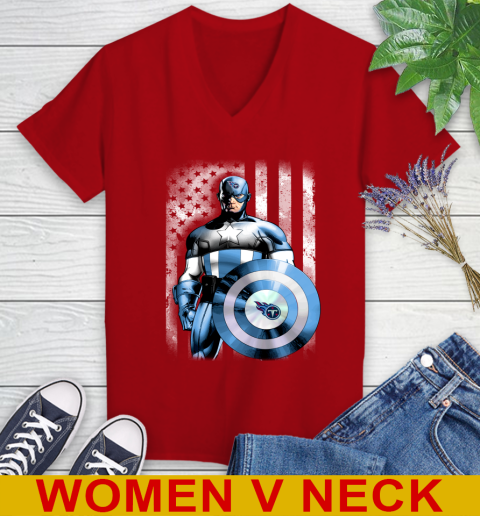 Tennessee Titans NFL Football Captain America Marvel Avengers American Flag Shirt Women's V-Neck T-Shirt 10