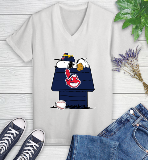 MLB Cleveland Indians Snoopy Woodstock The Peanuts Movie Baseball T Shirt Women's V-Neck T-Shirt