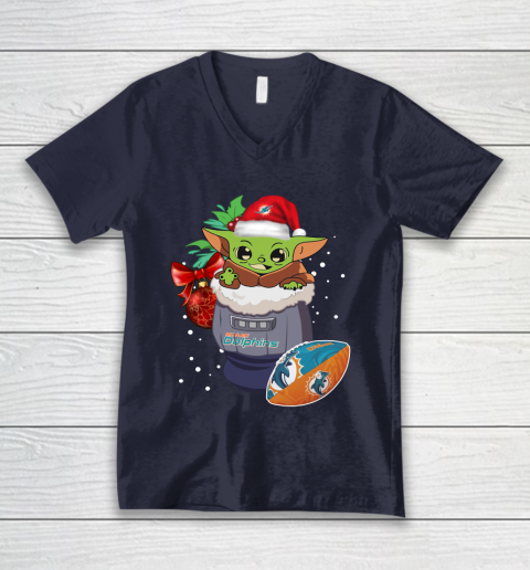 Miami Dolphins Christmas Baby Yoda Star Wars Funny Happy NFL V-Neck T-Shirt 3