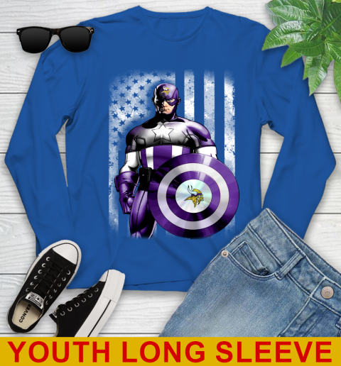 Minnesota Vikings NFL Football Captain America Marvel Avengers American Flag Shirt Youth Long Sleeve 10
