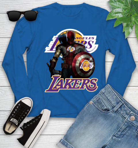 Los Angeles Lakers NBA Basketball Captain America Thor Spider Man Hawkeye Avengers Youth Long Sleeve 9