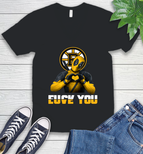 NHL Boston Bruins Deadpool Love You Fuck You Hockey Sports V-Neck T-Shirt