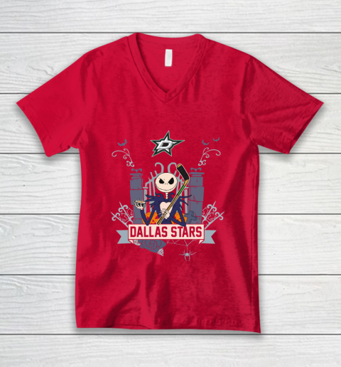 NHL Dallas Stars Hockey Jack Skellington Halloween V-Neck T-Shirt 6