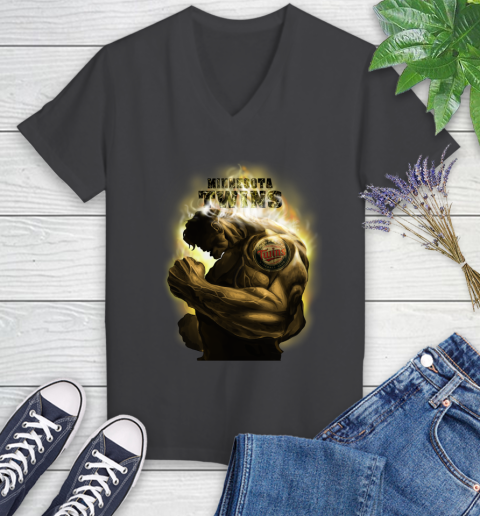 Minnesota Twins MLB Baseball Hulk Marvel Avengers Sports Women's V-Neck T-Shirt 8