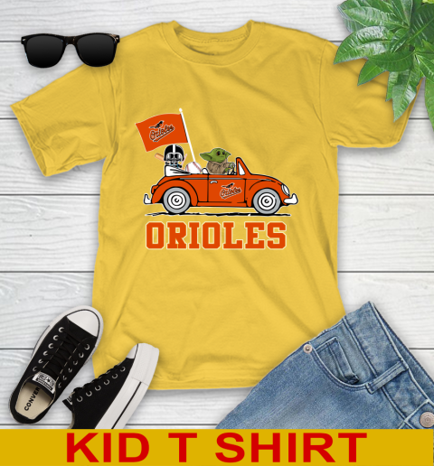 MLB Baseball Baltimore Orioles Darth Vader Baby Yoda Driving Star Wars Shirt Youth T-Shirt 8