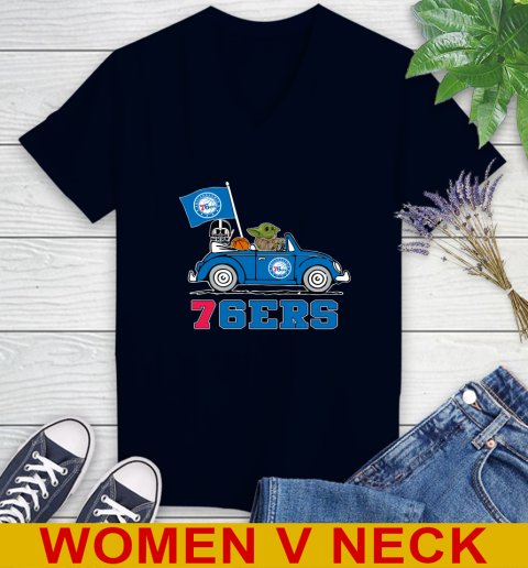 NBA Basketball Philadelphia 76ers Darth Vader Baby Yoda Driving Star Wars Shirt Women's V-Neck T-Shirt 3