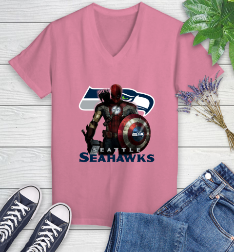 NFL Captain America Thor Spider Man Hawkeye Avengers Endgame Football Seattle Seahawks Women's V-Neck T-Shirt 13
