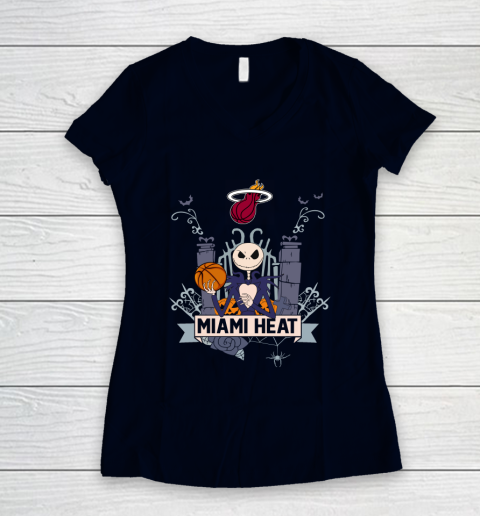 NBA Miami Heat Basketball Jack Skellington Halloween Women's V-Neck T-Shirt 2