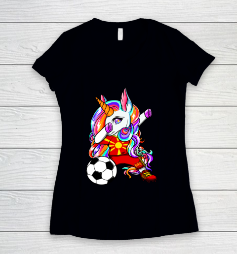 Dabbing Unicorn Macedonia Soccer Fans Jersey Flag Football Women's V-Neck T-Shirt
