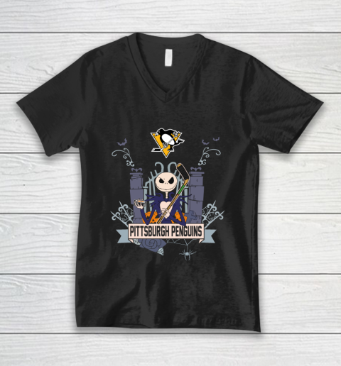 NHL Pittsburgh Penguins Hockey Jack Skellington Halloween V-Neck T-Shirt