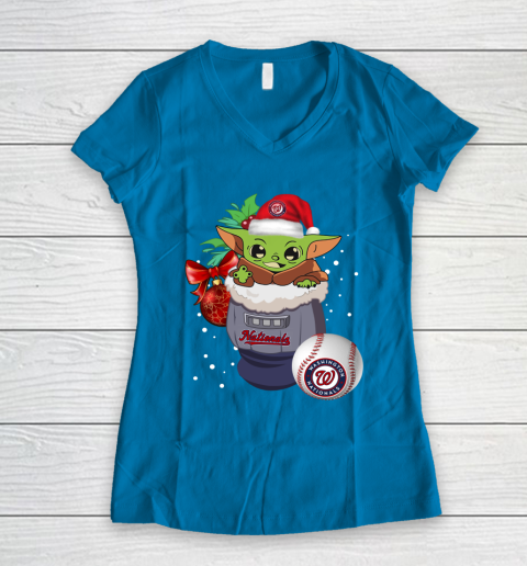 Washington Nationals Christmas Baby Yoda Star Wars Funny Happy MLB Women's V-Neck T-Shirt 7