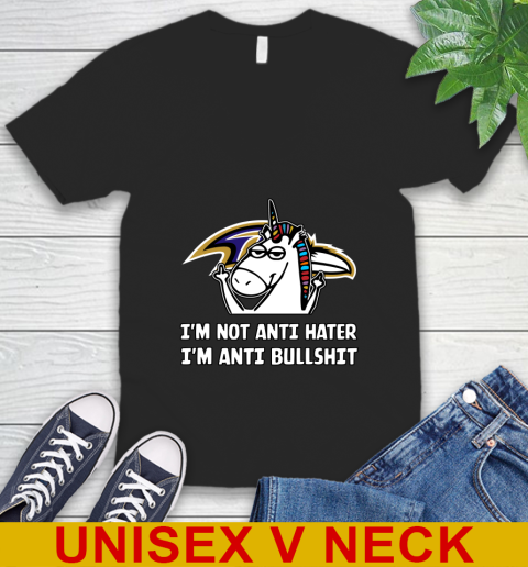 Baltimore Ravens NFL Football Unicorn I'm Not Anti Hater I'm Anti Bullshit V-Neck T-Shirt 2