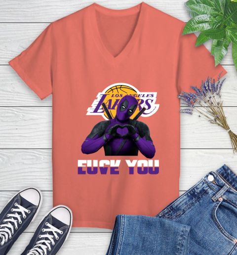 NBA Los Angeles Lakers Deadpool Love You Fuck You Basketball Women's V-Neck T-Shirt 6