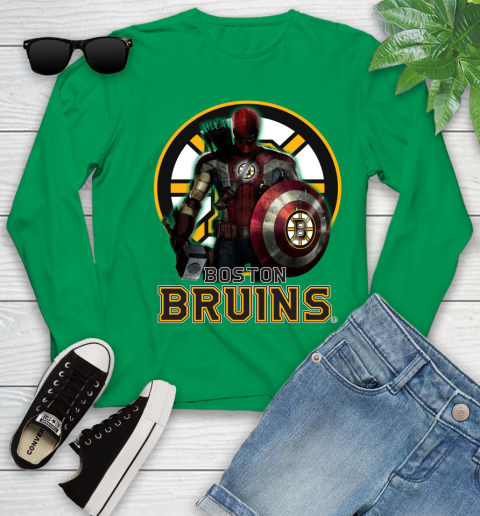 NHL Captain America Thor Spider Man Hawkeye Avengers Endgame Hockey Boston Bruins Youth Long Sleeve 6