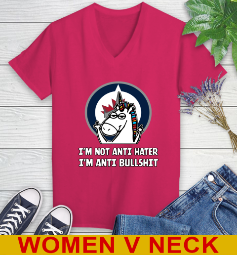 Winnipeg Jets NHL Hockey Unicorn I'm Not Anti Hater I'm Anti Bullshit Women's V-Neck T-Shirt 10