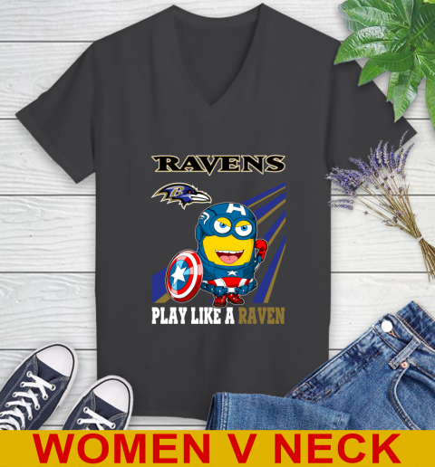 NFL Football Baltimore Ravens Captain America Marvel Avengers Minion Shirt Women's V-Neck T-Shirt 8