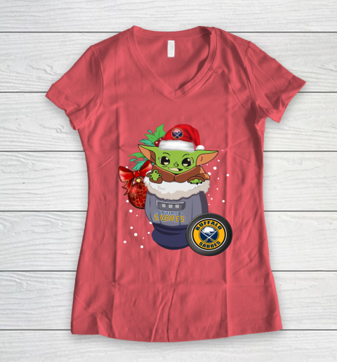 Buffalo Sabres Christmas Baby Yoda Star Wars Funny Happy NHL Women's V-Neck T-Shirt 6