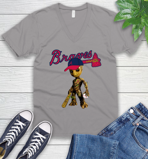 MLB Atlanta Braves Groot Guardians Of The Galaxy Baseball V-Neck T-Shirt 4