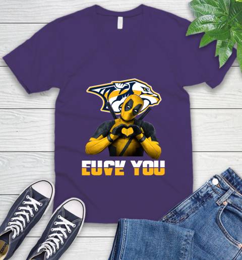 NHL Nashville Predators Deadpool Love You Fuck You Hockey Sports V-Neck T-Shirt 9