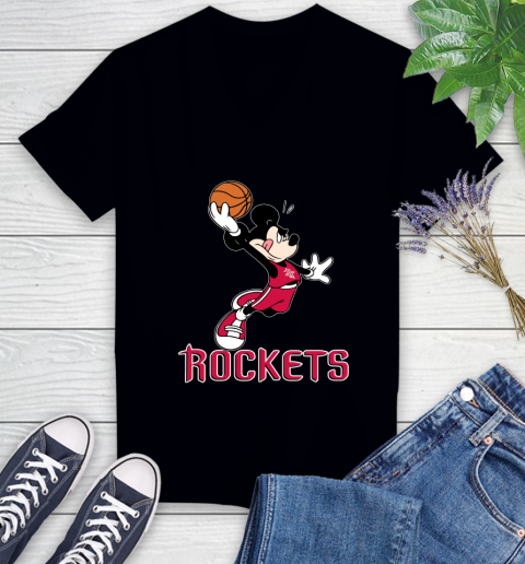NBA Basketball Houston Rockets Cheerful Mickey Mouse Shirt Women's V-Neck T-Shirt