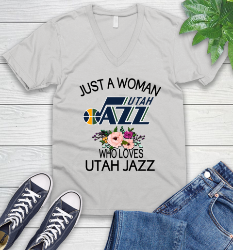 NBA Just A Woman Who Loves Utah Jazz Basketball Sports V-Neck T-Shirt