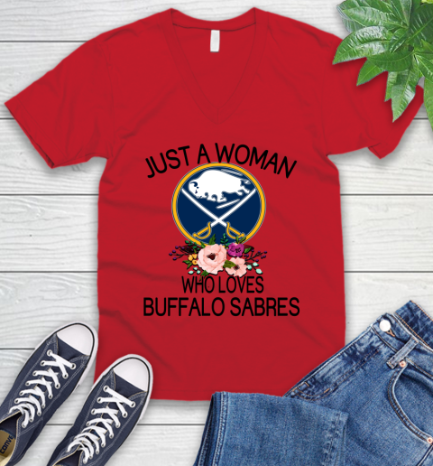 NHL Just A Woman Who Loves Buffalo Sabres Hockey Sports V-Neck T-Shirt 4