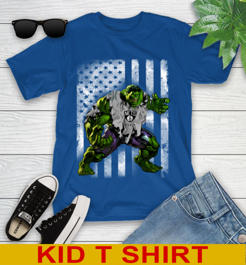 Brooklyn Nets Hulk Marvel Avengers NBA Basketball American Flag Youth T-Shirt 10