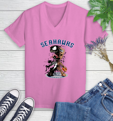 NFL Seattle Seahawks Football Venom Groot Guardians Of The Galaxy Women's V-Neck T-Shirt 14