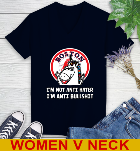 Boston Red Sox MLB Baseball Unicorn I'm Not Anti Hater I'm Anti Bullshit Women's V-Neck T-Shirt 3