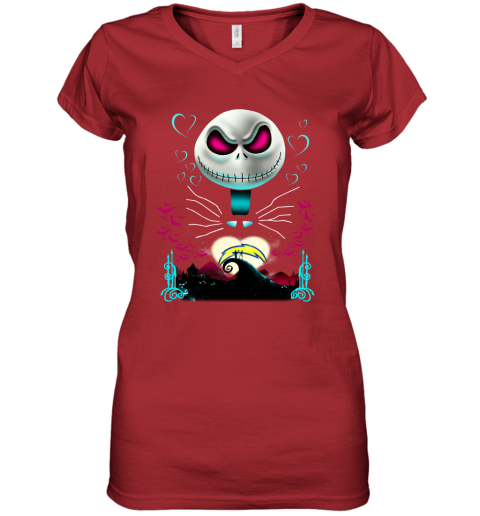NFL Los Angeles Chargers Jack Skellington Sally The Nightmare Before Christmas Football yvG3o0SRK3P women v neck t shirt 39 95 151514 front red