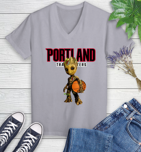 Portland Trail Blazers NBA Basketball Groot Marvel Guardians Of The Galaxy Women's V-Neck T-Shirt 4